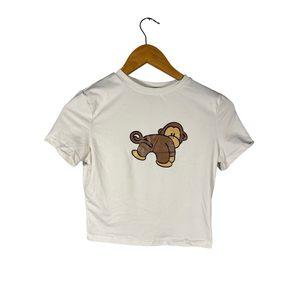 White Cropped T Shirt Monkey Graphic Tee Womens Size‎ Small